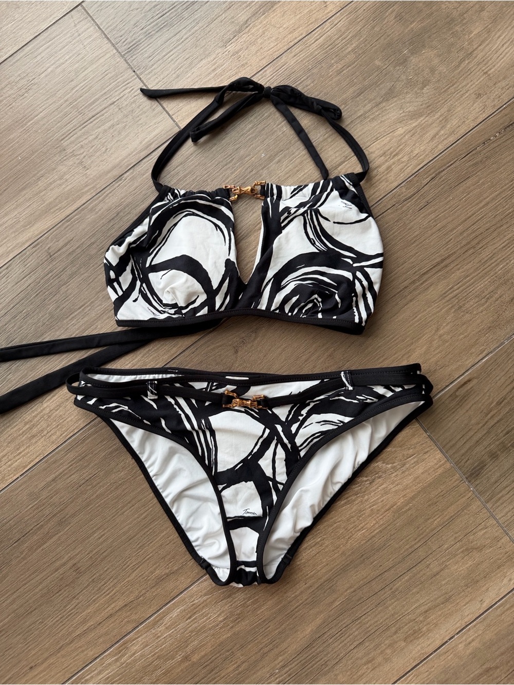 TRINA TURK Black & White Swirl Bamboo Halter Bikini Belt Gold Hardware M